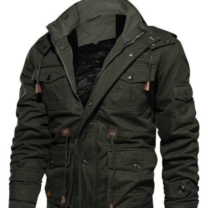 Men'S Heavyweight Winter Jacket - Thermal Insulated Cold Weather Coat with Full-Zip Closure, Hooded Windproof Outerwear, Multiple Utility Pockets - Olive Green Tactical-like design for Outdoor, Commute, Everyday - Non-Stretch