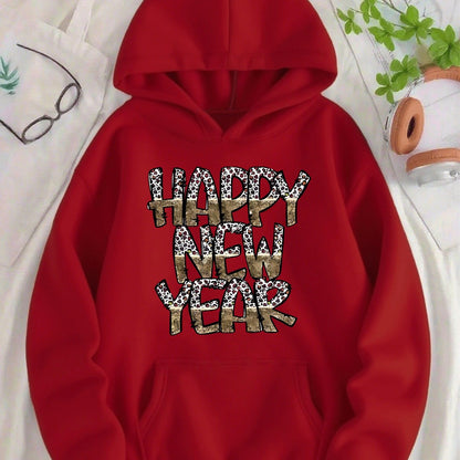 Women'S Green Hooded Sweatshirt with Happy New Year Lettering & Golden Glitter Print - Cozy Fleece-Lined Hooded Pullover, Long Sleeve Casual Winter Sweater for Everyday &, New Year'S Eve Outfits, Sweater Hoodie, Comfortable C