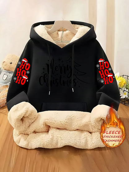 Women's Fleece-Lined Hooded Christmas Sweatshirt with Ho Ho Ho & Merry Christmas Print, Plush Fleece Jacket, Warm Winter Coat, Thick Polyester Outer Layer, Machine Washable Holiday Sweater for Xmas Parties & Winter Outfits, W