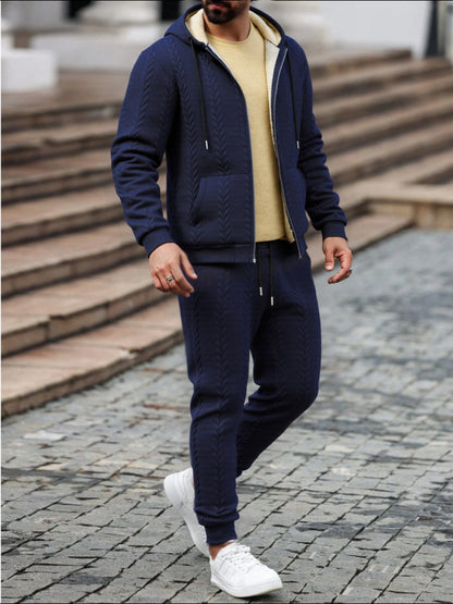Men's Winter Fashion Two-Piece Set: Jacquard Hooded Cardigan with Lining & Long Pants – Ideal for Autumn and Winter, Winter Clothes For Men