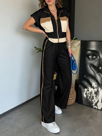 New Spring And Summer Fashion Color-Blocking Two-Piece Set Featuring a Short-Sleeve Zip Design And Wide-Leg Casual Pants for Women