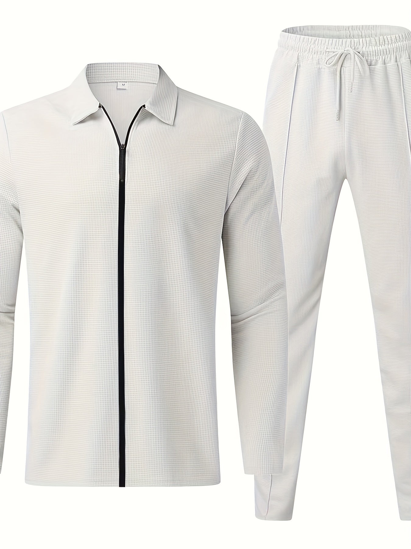 Men's Waffle Collar Suit Fashion Zipper Cardigan Casual Set