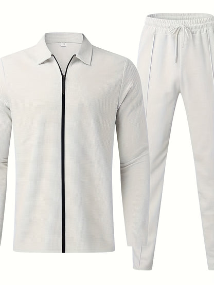 Men's Waffle Collar Suit Fashion Zipper Cardigan Casual Set