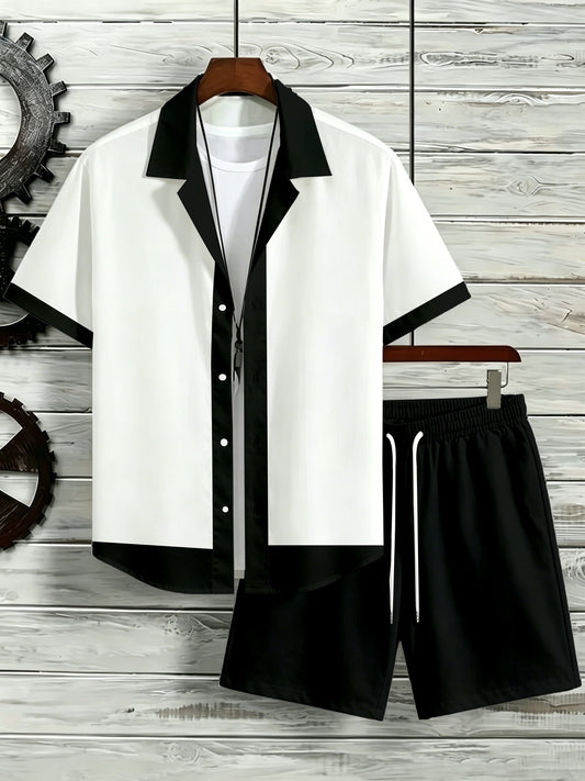 Men's Color Block Cuban Collar Shirt & Drawstring Shorts Set