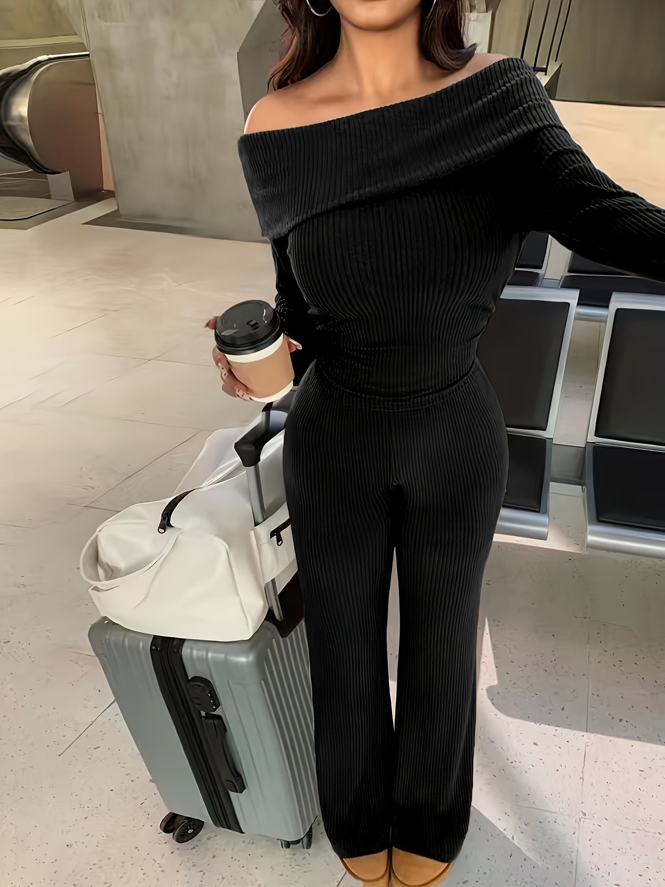 Autumn And Winter Solid Color Two-Piece Set, Sexy Off-The-Shoulder Top + Wide-Leg Flared Pants Suit, Elastic And Soft Ribbed Fabric, Machine Washable