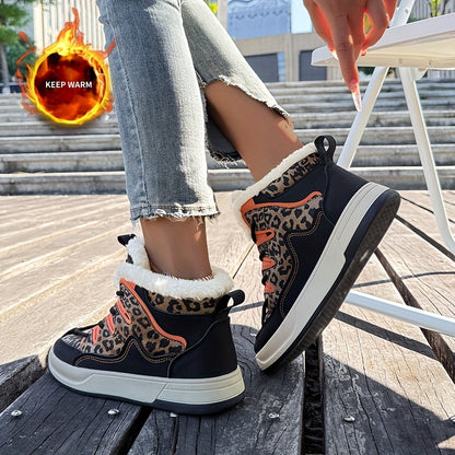 Women'S Stylish Leopard Print Winter Sneakers - Warm Fleece-Lined Casual Shoes with Thick Cushioned PVC Sole, Black & Orange Design, Perfect for Fall/Winter, Winter Sneakers | Leopard Print Shoes | Durable PVC Sole