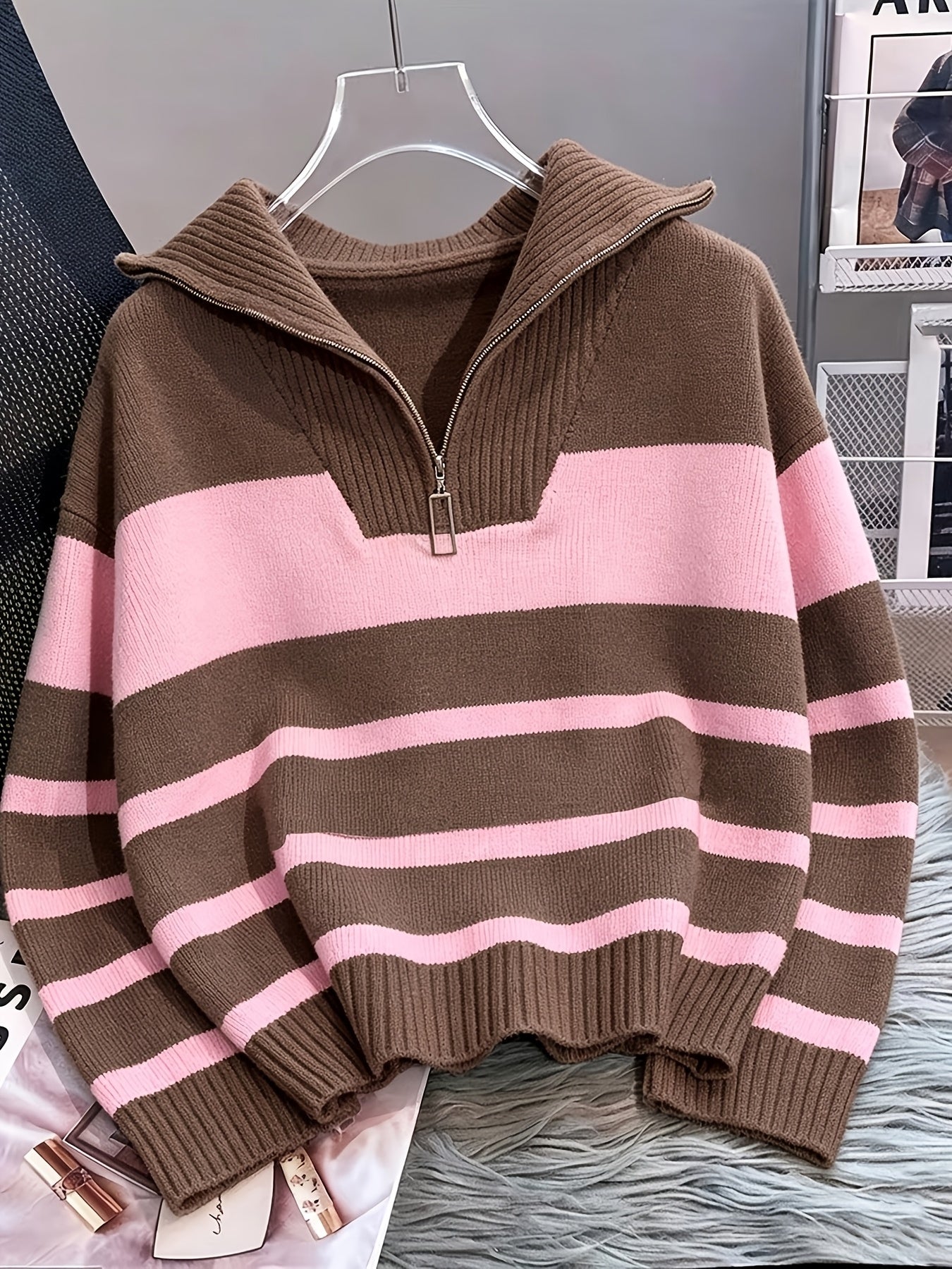 Women's Striped Zip-Up Sweater with Thickened Inner Layer