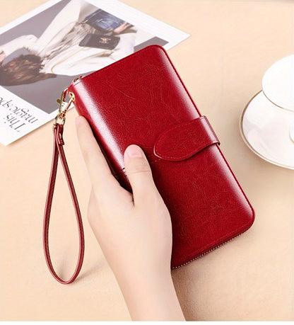 Two-Layer Cowhide Leather Clutch Wallet for Men & Women, Casual Large Capacity RFID Blocking Zippered Hand Purse with Transparent ID Slot and Anti-Theft Brush, Versatile for Going Out