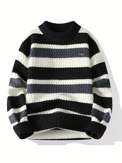 Men'S Thick Warm Sweater - Long Sleeve Round Neck Pullover with Vertical Stripes in Green/ - Cozy Fall/Winter Sweater for Everyday & Formal Outfits, Knit, Winter Clothing, Classic Knitwear, Ribbed Texture, Casual Wear, Stylis
