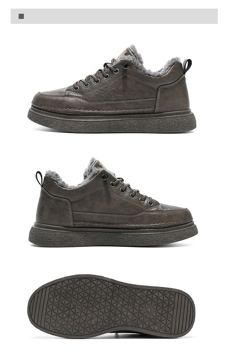 Men's Winter Warm PU -Like Hiking Sneakers with Plush -Like, EVA Cushioned Sole & Rubber Traction Tread - Low-Top Lace-Up Outdoor Shoes for Ice, Snow, Casual Wear (Black/Brown) - Cold Weather