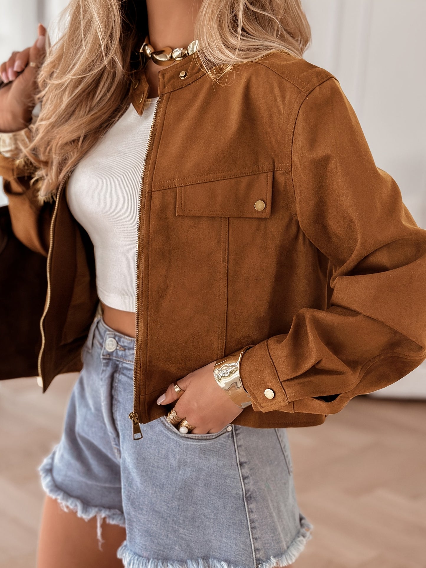 Women's Elegant Tan/Brown Faux-Sheepskin Jacket - Winter Warm Full-Zip Collar Coat, Golden-Tone Button-like Closure, Machine Washable Outerwear for Casual & Formal Events (A-Line Houndstooth-Like Scale Pattern)