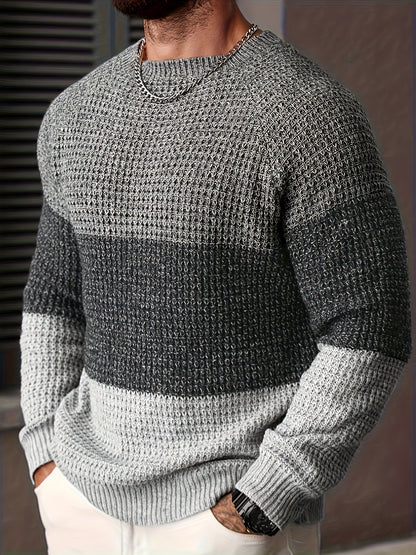 Men's Autumn and Winter Color Block Knit Sweater, Crew Neck Pullover