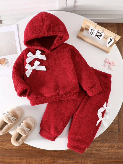 Two-Piece Cute Girls' Autumn/Winter Set: Long Sleeve Hooded Plush Butterfly Top with Pants, Perfect for Daily Outdoor Wear. Cozy Faux Fur Fabric - Essential Indoor & Winter Accessory and Holiday Gift Idea, Perfect for Outdoor