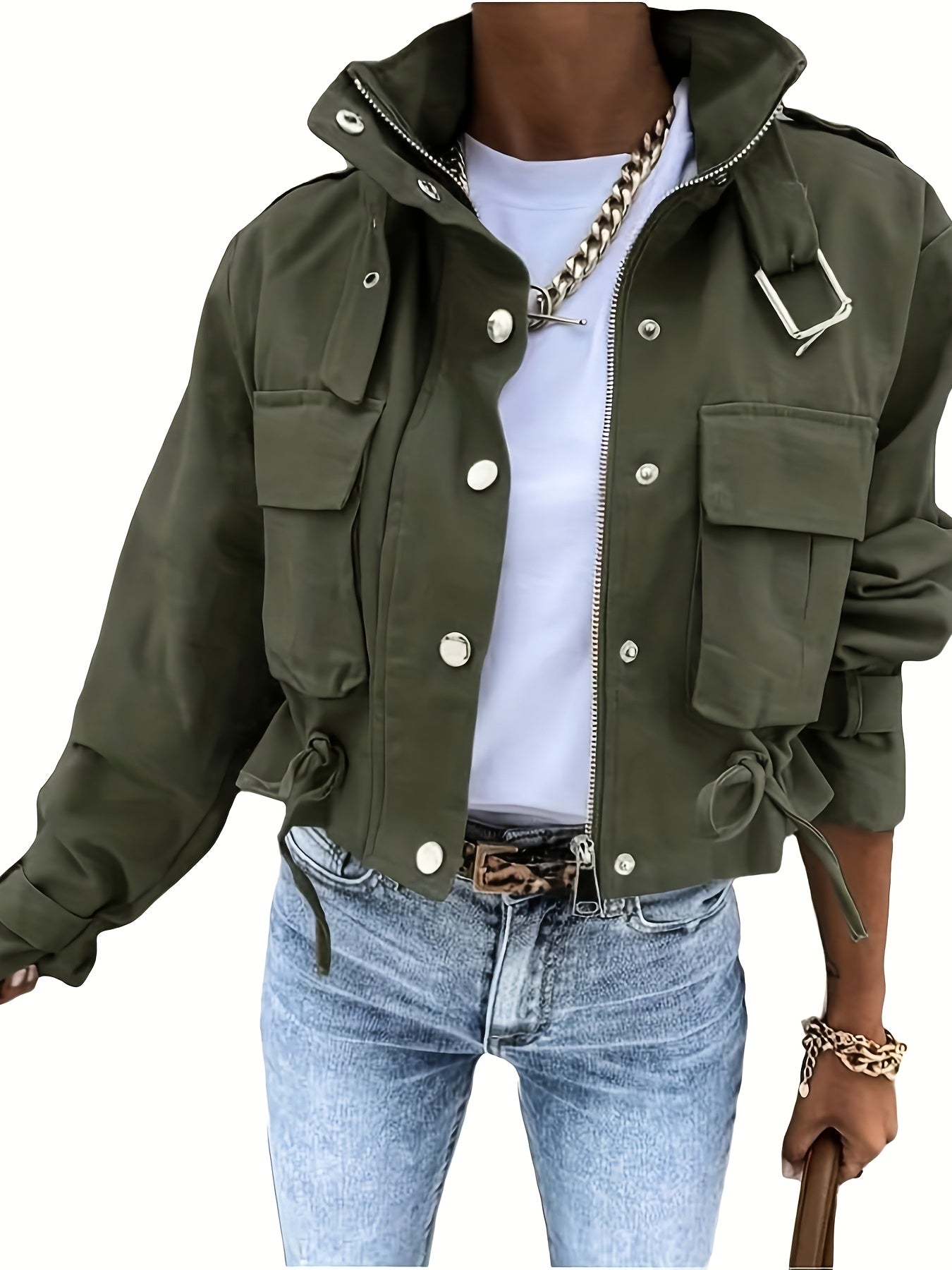 Spring and Autumn Women's Multi-Pocket Work Jacket, Stand Collar Design with Drawstring Waist - Versatile Fashion Coat for Various Occasions