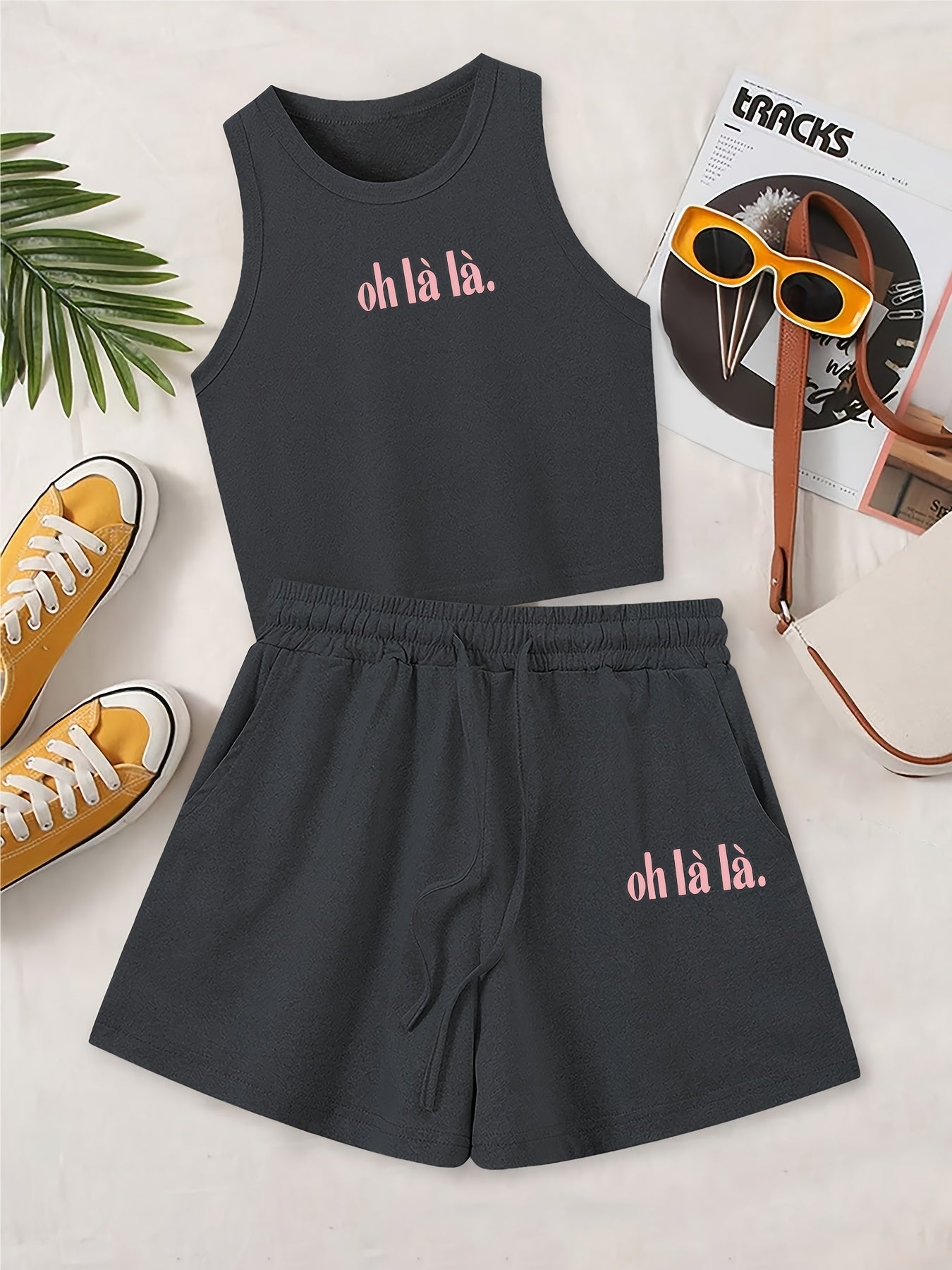 Women's Casual Two-Piece Set with English Print and Wide Leg Pants