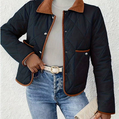 Women's Fashion Elegant Two-Tone Fabric Short Jacket, Color-Block Lapel Collar, Long Sleeve, Suitable for All Occasions, Autumn and Winter