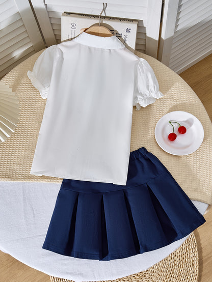 Girls' Preppy 2-Piece Skirt Set with Lapel Shirt and Pleated Skirt