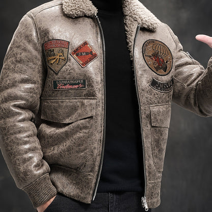 Men'S Faux Fur Lined Biker Jacket, Casual Long Sleeve Applique Air Force Style, Polyester 100% Knit Fabric, Solid Color Lapel Collar, Zipper Closure, Regular Fit for Daily & Golf Occasions - Fall/Winter Collection