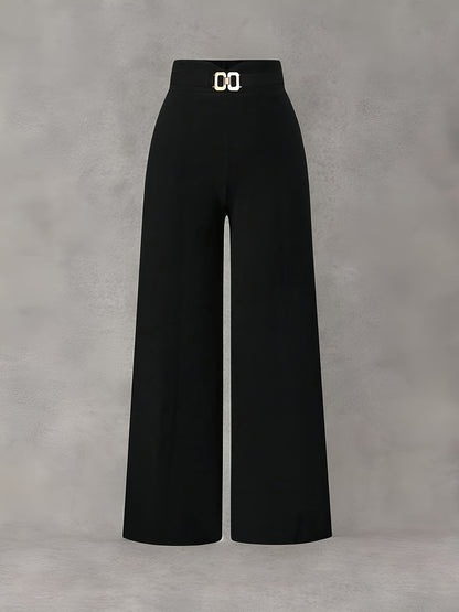 Elegant Wide-Leg Stretch Pants for Women - Solid Color, All Season
