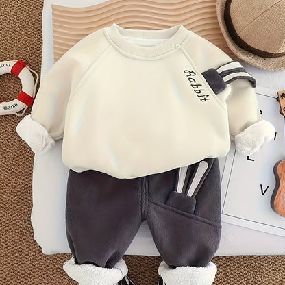 Baby Boys' Winter Warmth Fleece-Lined Sweatshirt & Pants Set - Soft & Brown Round Neck Outfit with Cuffs, Machine Washable Toddler Clothes for Autumn/Winter, Cozy Casual Playwear for Cold Weather, for Outdoor, Thick