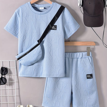 Boys' Stylish White Short Sleeve T-Shirt + Casual Shorts + Fashion Crossbody Bag Set, Perfect for Outdoor