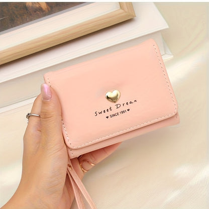 New Women'S Short Wallet, Cute Korean-Style Heart-Shaped, Large Capacity with Multiple Card Slots, Trendy Tri-Fold Design.
