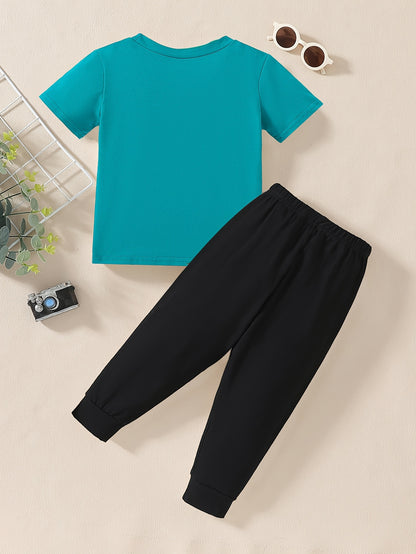 Boys' Casual Cotton T-Shirt and Pants Set with Doll Print