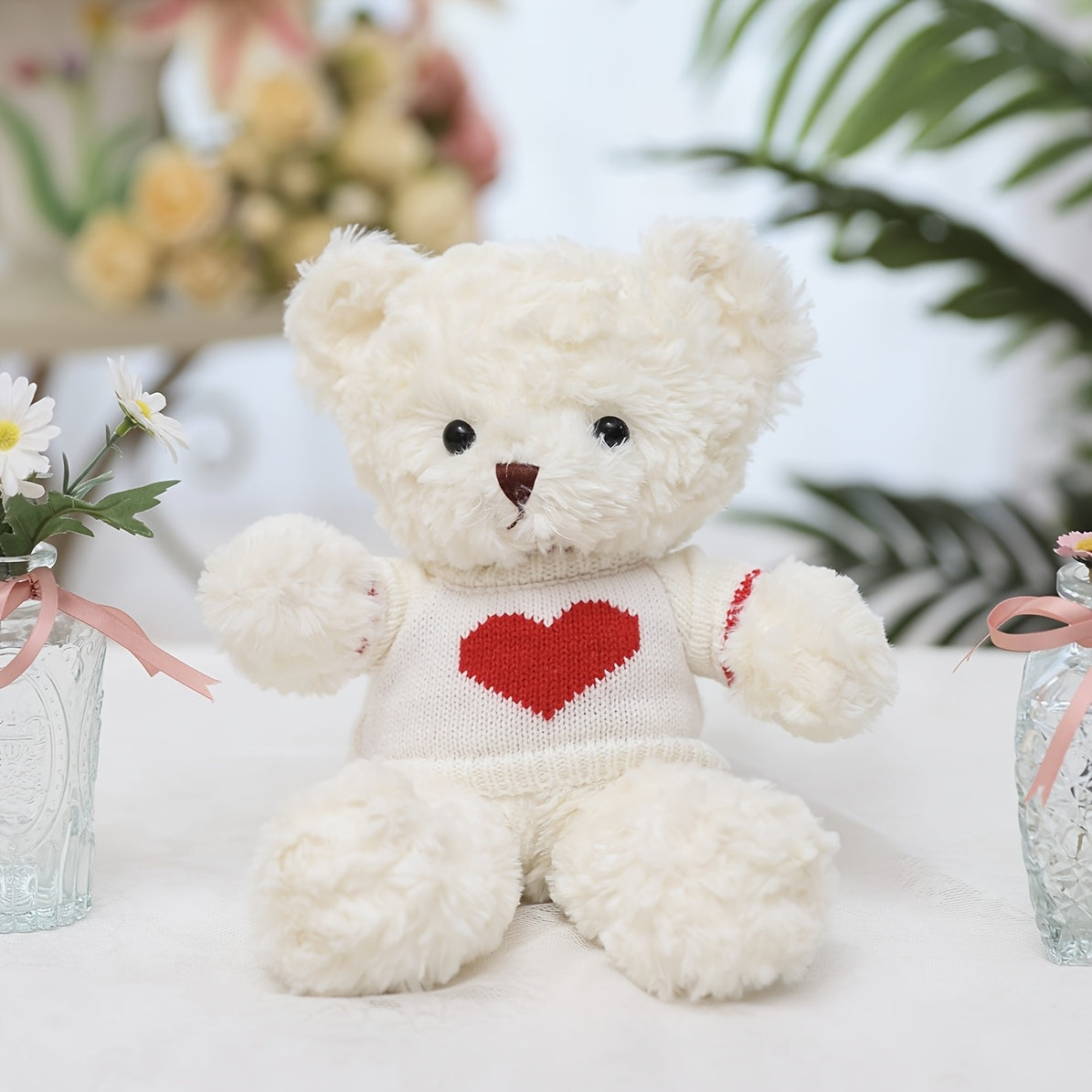 A 30cm/11.8-inch Cute Teddy Bear Plush Toy, Dressed in Clothes with Heart Patterns. A Perfect Birthday Gift for Kids, Family and Couples, and Also Suitable for Wedding Decoration and Home Decor.