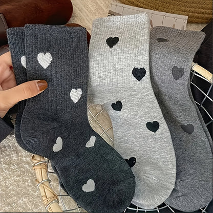 Women's 5 Pairs Mid-Calf Heart Pattern Socks, Soft Polyester