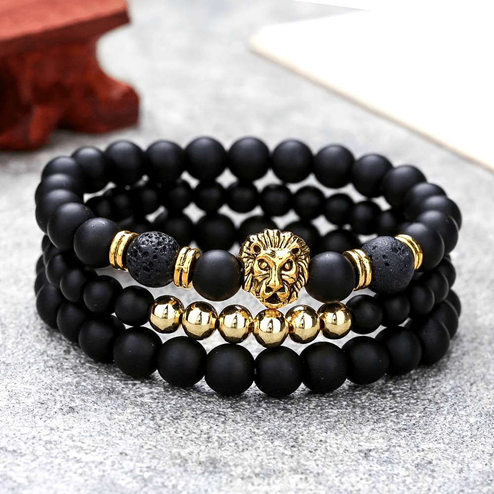 3pcs Retro Punk Style Lion Head Bracelets, Men's Stretchy Beaded Bracelets Set