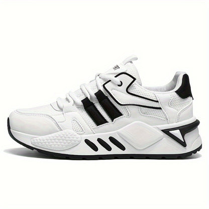 Men's Low-Top Skate Sneakers - White/Black Accent Lace-Up Shoes, Cushioned EVA Insole  Non-Slip Rubber Outsole for All-Season Urban Streetwear, Gym, Everyday - Breathable PU Upper Casual Shoes, Gym Footwear, Street Style, Du