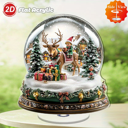 2D Flat, 1pc Rotating Acrylic Snow Globe with Deer & Fairies - Winter Wonderland Scene, Snow-Covered Trees & Twirling Mechanism, Indoor/Outdoor Christmas New Year Holiday Decoration, Lightweight Tabletop Decor for, gift, 2D F