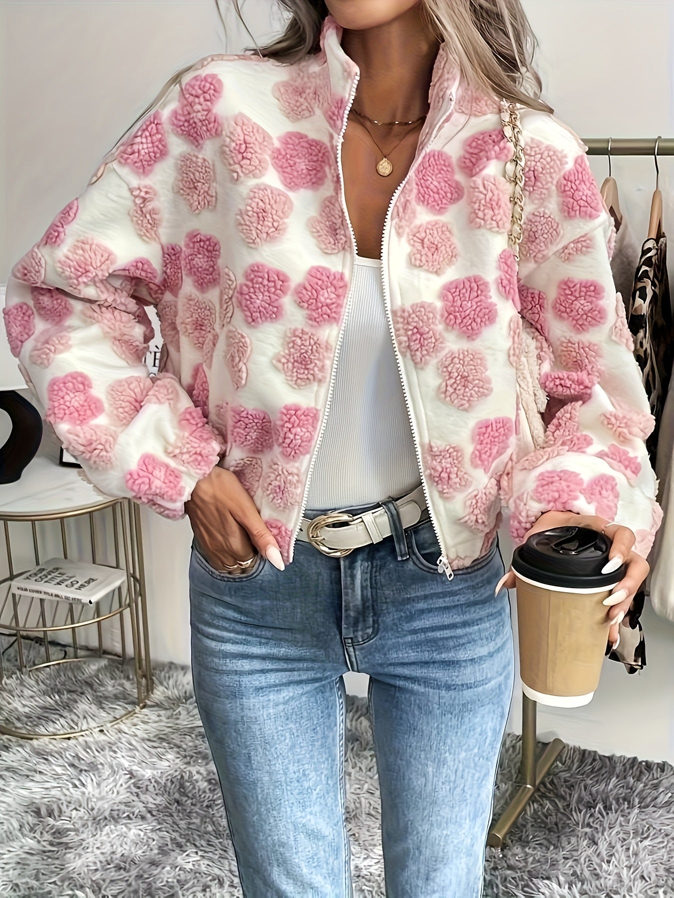 Women's Elegant Pink Floral Jacket - Non-Stretchy Blazer-like Coat, Machine Washable Outerwear for Fall/Spring, Office, Parties & Everyday Chic Outfits, Party Attire, Durable Zipper Closure