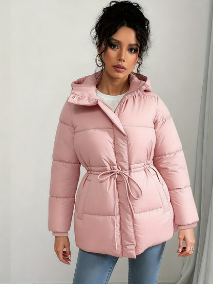 Women'S Elegant Black Puffer Jacket - Mid-Length Loose Fit with Adjustable Drawstring Waist, Long Sleeves, and Front Zipper, Casual Winter Outerwear for Cold Weather, Winter Jacket