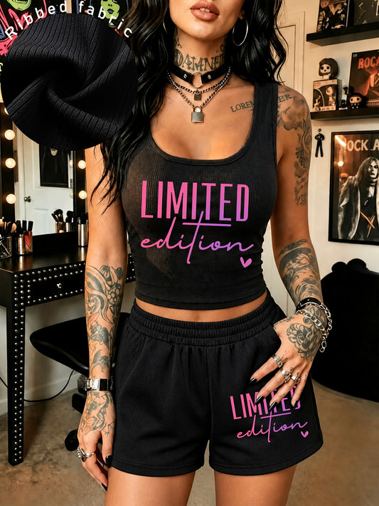 Women’s Ribbed Vest and Shorts Set with Retro Gradient Print