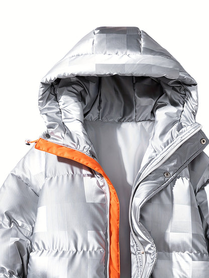 Men's Checkered Graphic Print Padded Outwear With Pockets, Casual Zip Up Long Sleeve Warm Hooded Outwear For Winter Outdoor Activities