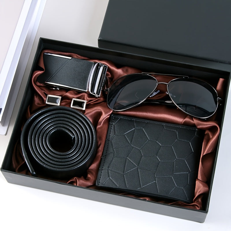 Men's 7pcs Business Gift Box Set: Textured Fashion Glasses, Matte Gunmetal Buckle, Comfortable Belt, Wallet, Fashionable Cufflinks, Elegant Gift Box – Perfect for Father's Day, Teacher's Day, Graduation, Christmas, Valentin