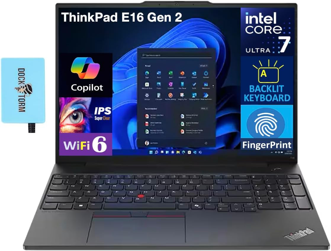 Lenovo Thinkpad E16 Gen 1 Business Laptop 16.0" WUXGA IPS Display 300 Nits (AMD Ryzen 5 7530U 6-Core 2.00Ghz, 16GB RAM, 512GB Pcie SSD, AMD Radeon, Backlit KYB, FP, Wifi 6, Win11Pro) W/Dockztorm Hub