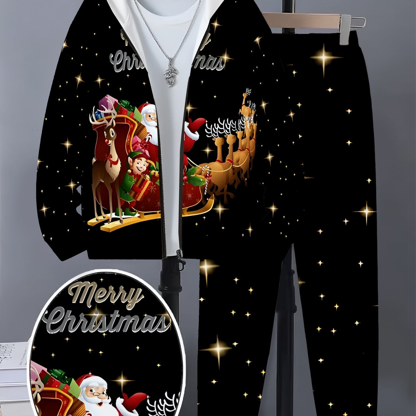 Christmas Fashion 3D Print, Boys' Fashion 3D Print Casual Hooded Zip-Up Cardigan Set, Suitable for Outdoor Activities, Boys' Top and Pants Outfit, Hooded Sweatshirt and Pants Set, Long Sleeve Hoodie and Pants Set, Christma Ou