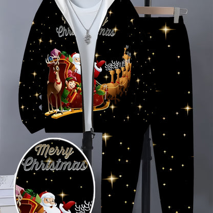 Christmas Fashion 3D Print, Boys' Fashion 3D Print Casual Hooded Zip-Up Cardigan Set, Suitable for Outdoor Activities, Boys' Top and Pants Outfit, Hooded Sweatshirt and Pants Set, Long Sleeve Hoodie and Pants Set, Christma Ou