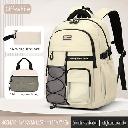 Large Capacity Backpack Set 3pcs, Polyester Lined, Spliced, Adjustable Shoulder Straps, Zipper Closure, Lightweight, Casual Style, for Going Out