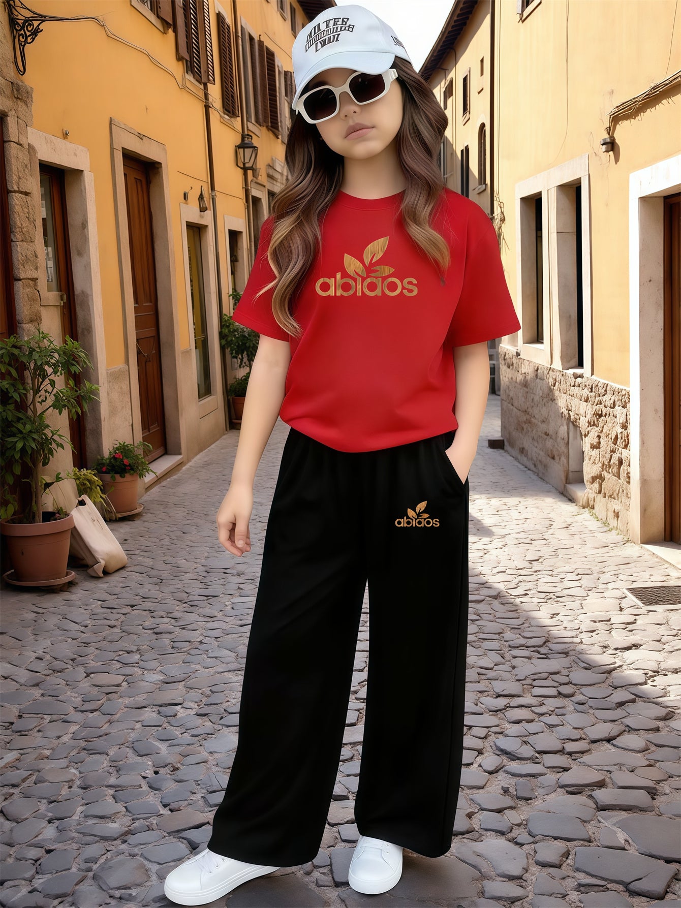 Girls Casual 2-Piece Summer Set: Printed T-Shirt & Wide Leg Pants