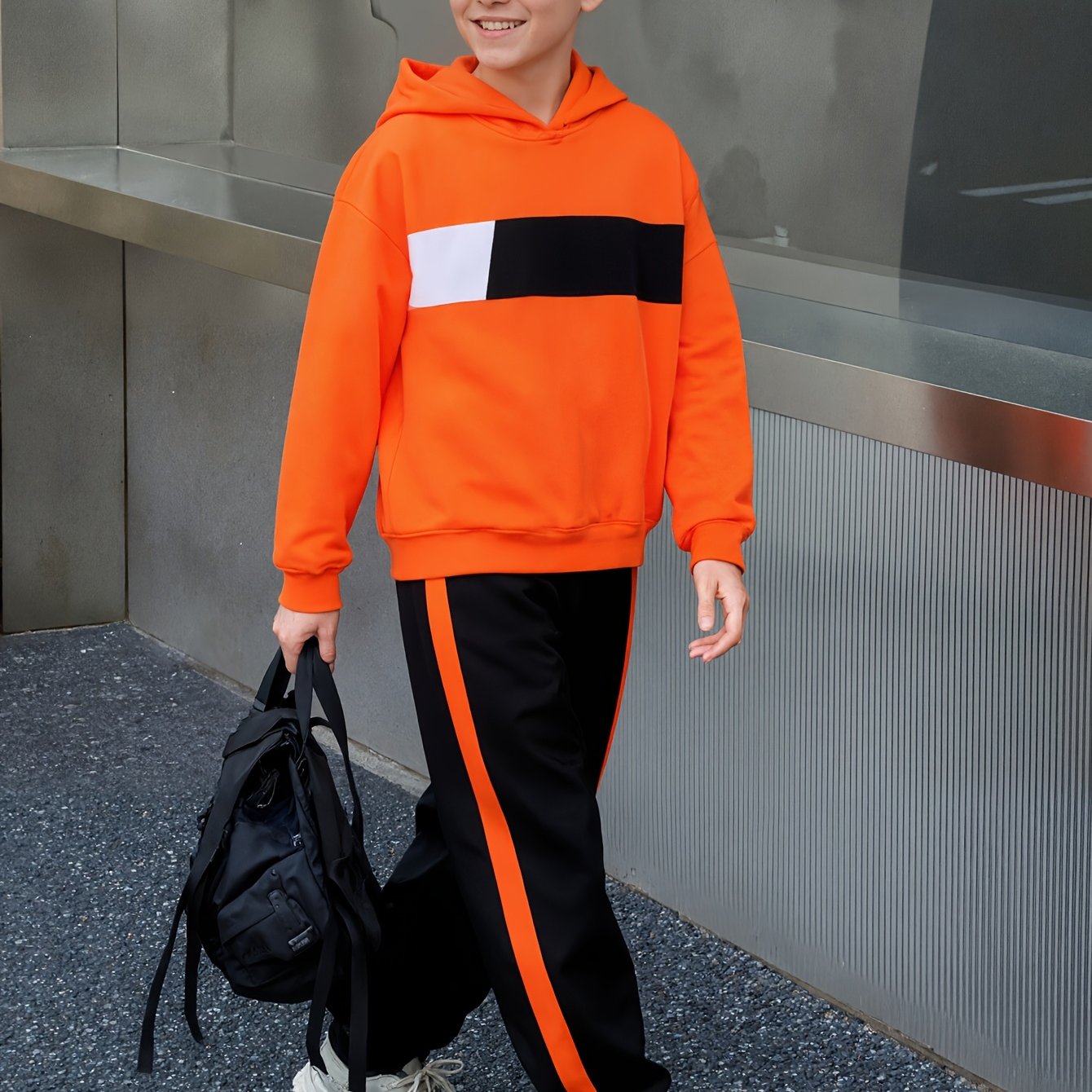 2pcs Boys' Winter Hooded Sweatsuit & Pants - Warm Sweater Outfit with Matching Long Pants, Colorblock Hoodie (Suitable for & Big Kids) - Machine Washable 2pcs set, Perfect for Outdoor