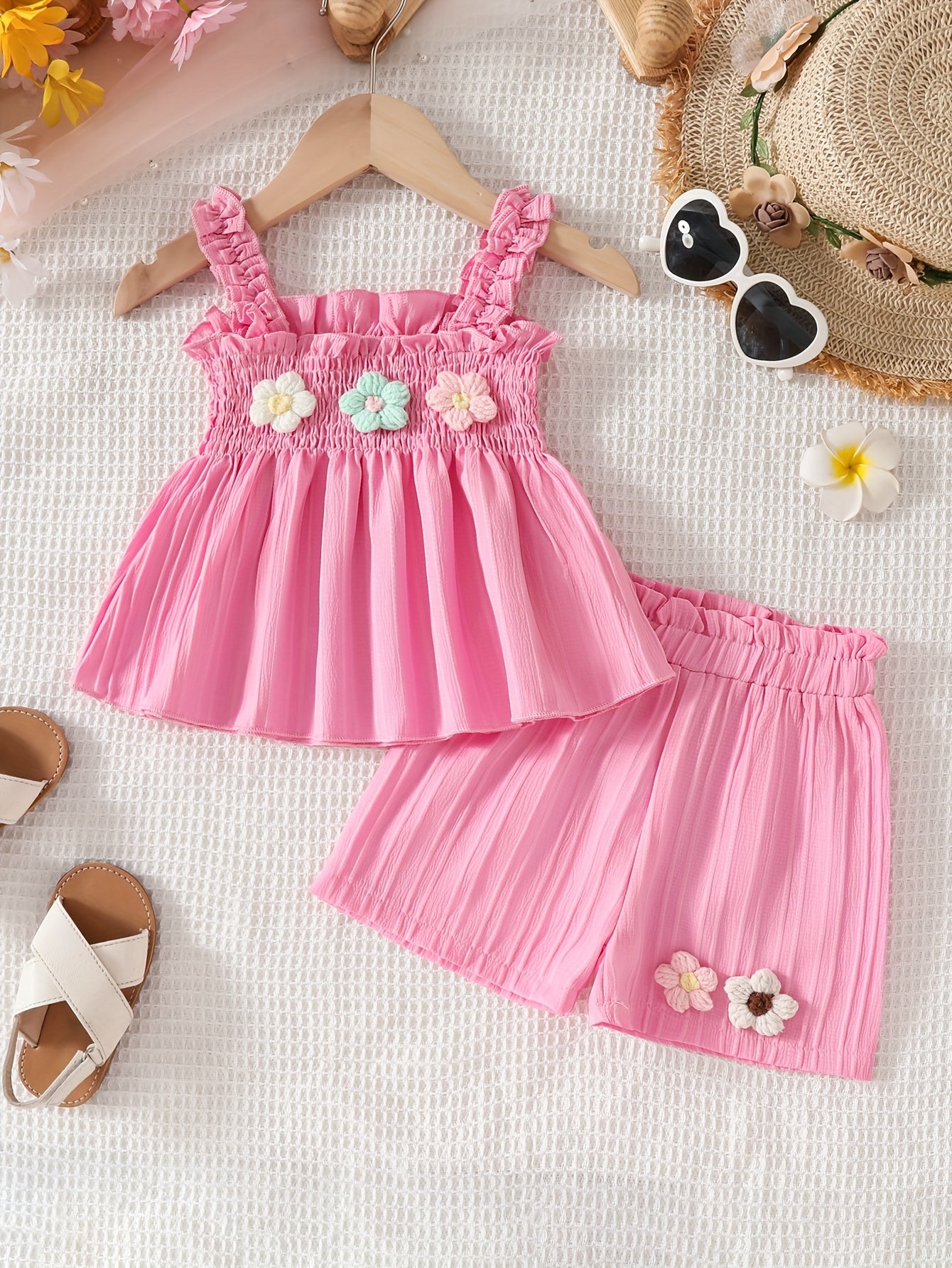 Girls' Summer Cute Floral Shorts and Sleeveless Top Set