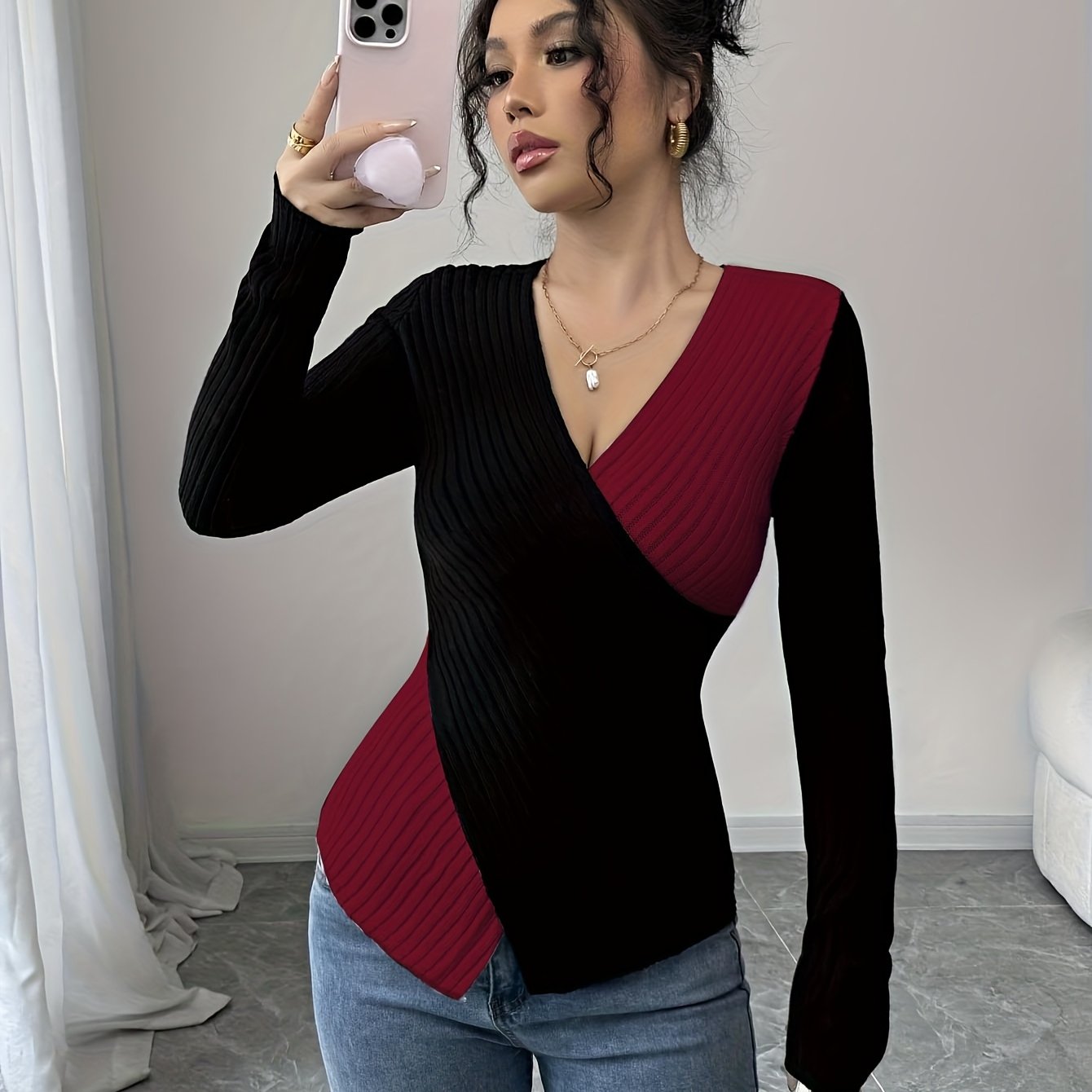Women'S Elegant Color Block Long Sleeve T-Shirt - V-Neck, Slim Fit, & Pink, Comfortable & Stylish for Spring/Fall, Versatile Casual or Dressy Outfits, Versatile Fashion | Vneck Top | Construction, Ladies T Shirts