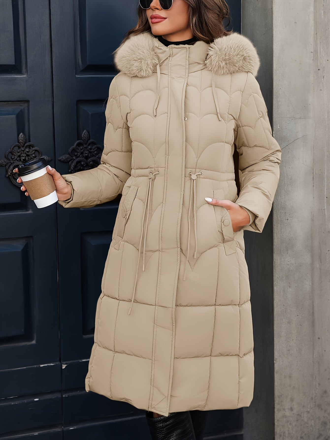 Autumn and Winter Women's Mid-Length Hooded Drawstring Pocket Waist Cinched Fashionable Mature Warm Versatile Solid Color Jacket