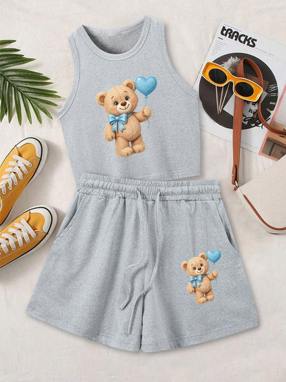 Casual Women's Two-Piece Vest and Shorts Set with Pattern Print