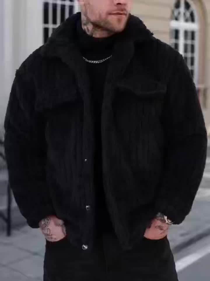 Men's Winter Jacket with Black & White Striped Collar & Single-Breasted Button Front - Soft Short Pile Outer Coat, Machine Washable Casual Outerwear for Cold Weather, Formal & Everyday Use (No), Casual Winter Jacket Men, Ligh