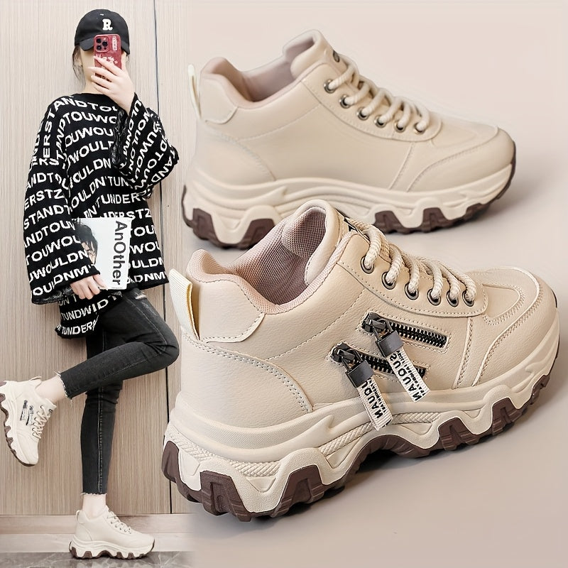 Women's White Platform Sneakers - Chunky Platform Shoes with Cushioned PVC Sole, Lace-Up Low-Top for Everyday, Travel, Office - All-Season Synthetic Cover - Leg-Lengthening Design, Ladies Sneakers, Travel Footwear, Chunky Sol