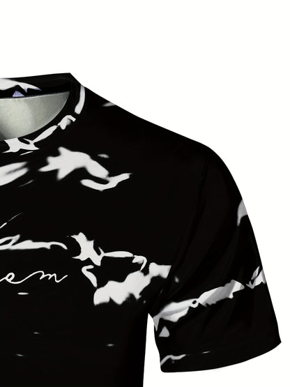 Men's High-Elasticity Anti-Tear Graffiti T-Shirt - Black  White Geometric Print, Tight-Fit Athletic Top for Gym, Running, Yoga  Casual Summer Wear, Gym Clothes, Highelastic Polyester, Short Sleeve Design
